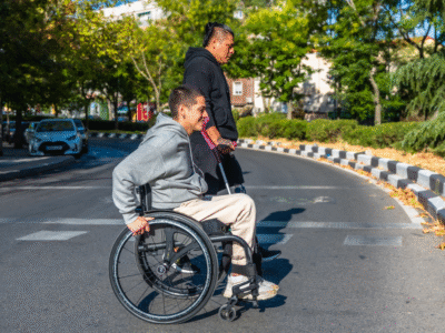 Man in wheelchair crossing the road