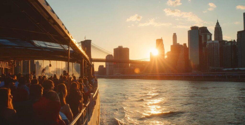 group of people on a boat sailing towards a city at sunset