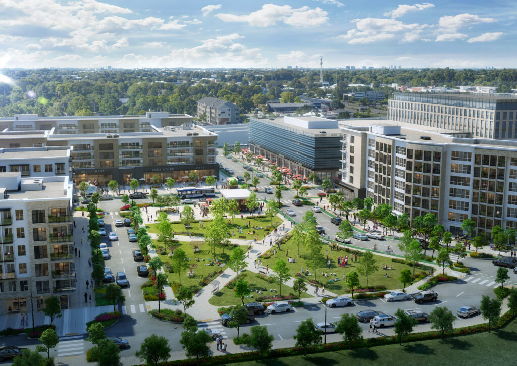 Aerial view of a digital rendering showing tall buildings, courtyard, and street