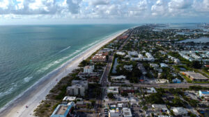 aerial view of a city on the coastline