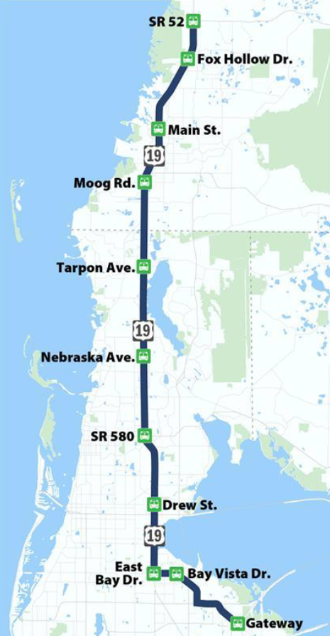 map graphic of pinellas county identifying transit stations along US 19 roadway